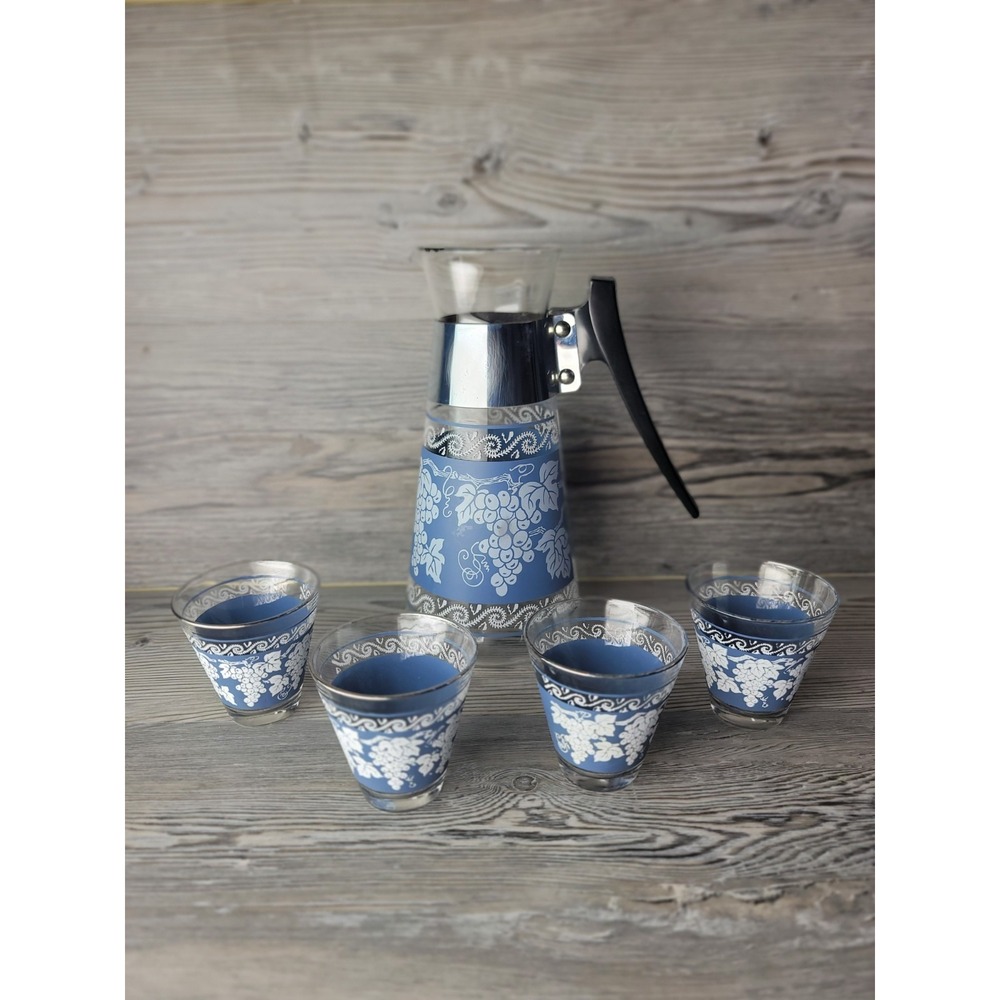Vintage Jeanette Glass Hellenic Blue glass wine carafe with 4 sipping glasses